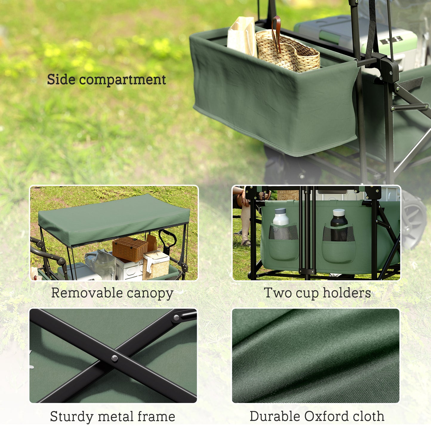 Outsunny 180L Festival Trolley on Wheels, Push & Pull Beach Cart with Removable Canopy, Wide All-Terrain Wheels, Folding Camping Trolley Cart, Adjustable Handle for Garden Fishing Shopping, Green