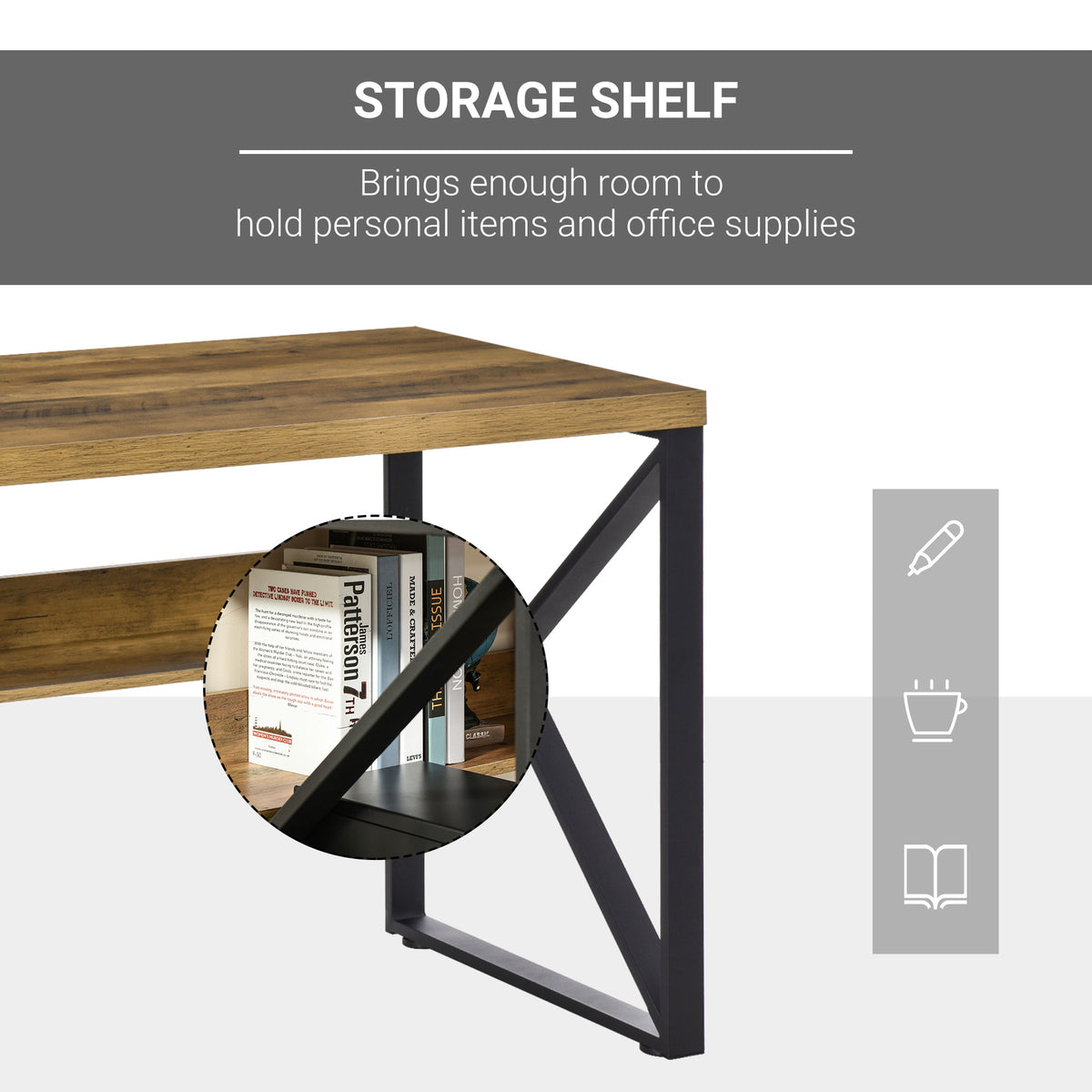 Desk storage shelf with brown wood-effect panel and black metal frame