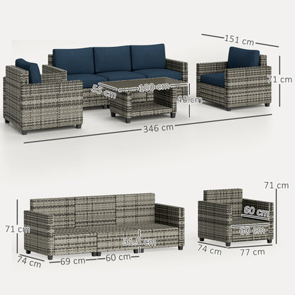 Modular rattan sofa set with navy cushions, shown with furniture dimensions