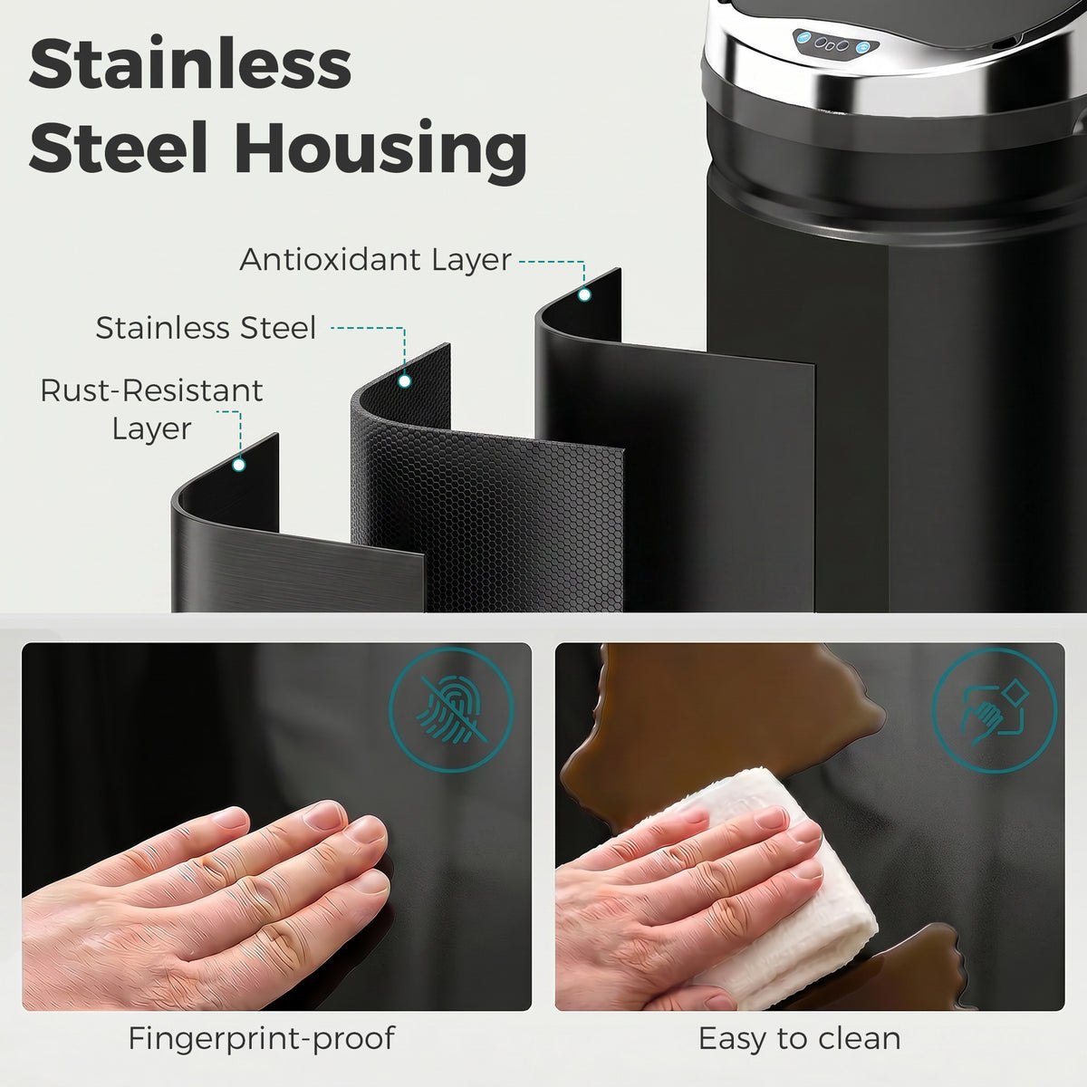 HOMCOM black sensor bin with stainless steel housing detail and fingerprint-resistant finish