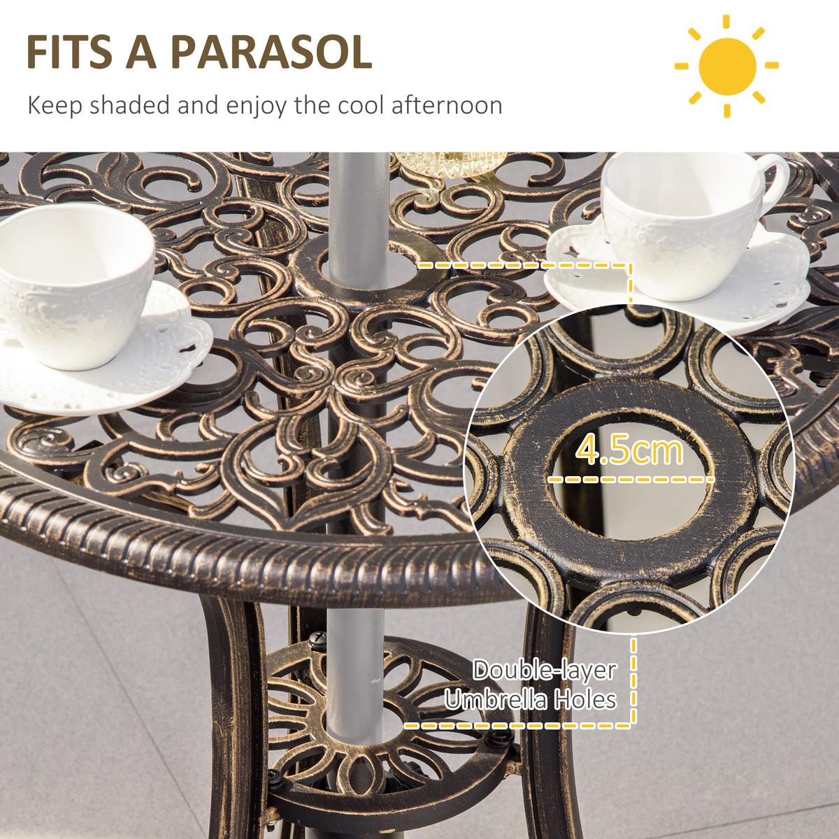 Outsunny 3pc Cast Aluminium Garden Bistro Set for 2 with Parasol Hole, Outdoor Coffee Table Set Rust Resistant with Cushions, Bronze