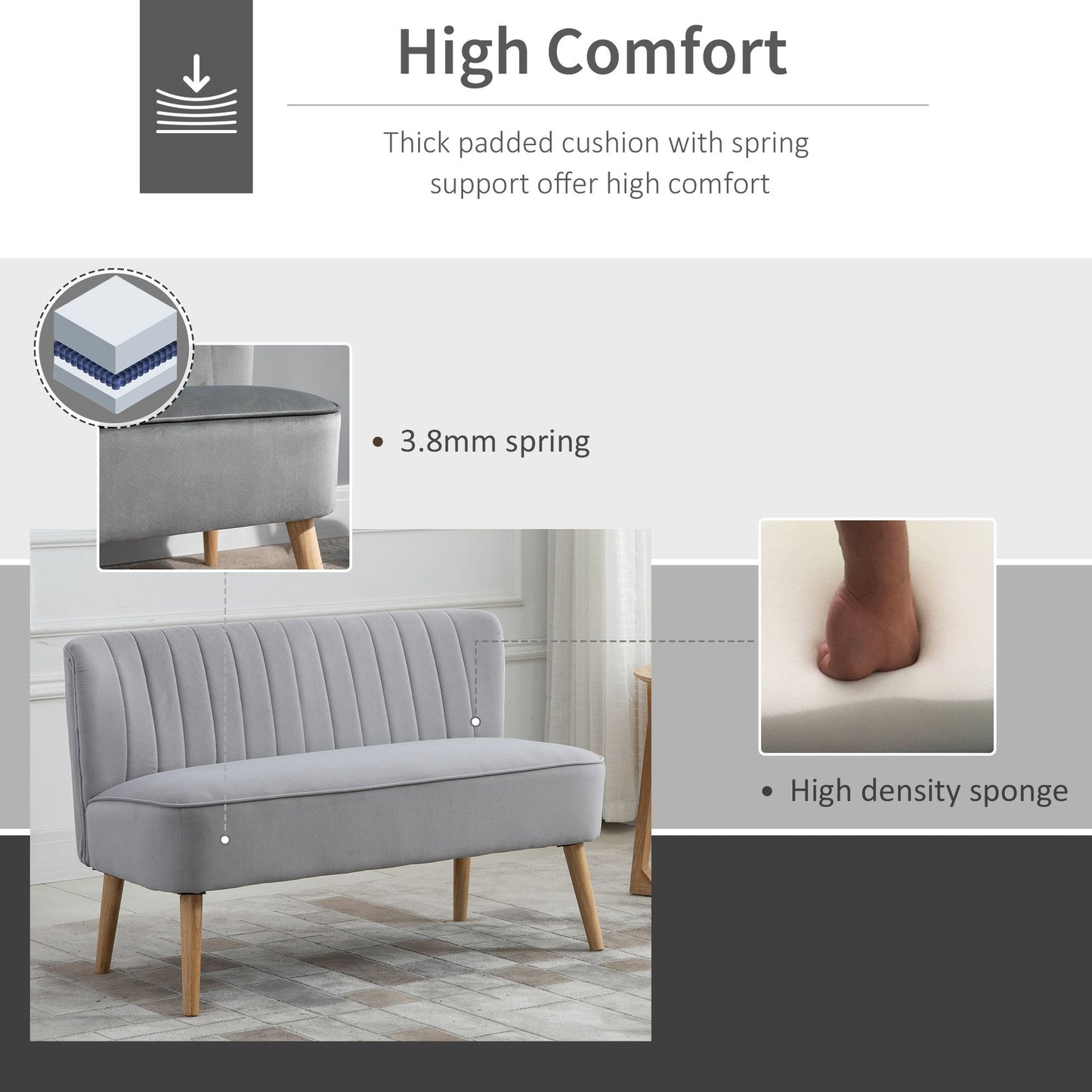HOMCOM Modern Velvet Double Seat Sofa w/ Wood Frame Foam Padding Soft Comfortable Compact Couch Light Grey