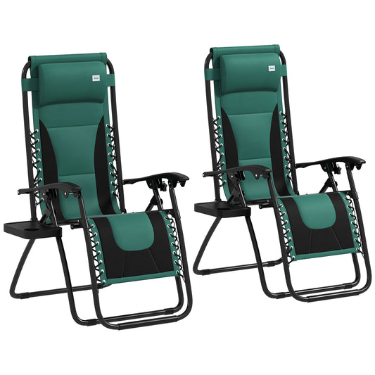 Photo of Outsunny Zero Gravity Lounger Chair Set of 2, Folding Reclining Patio Chair with Padded Seat, Cup Holder, Soft Cushion and Headrest for Poolside, Camping, Green in Green colour on a white background
