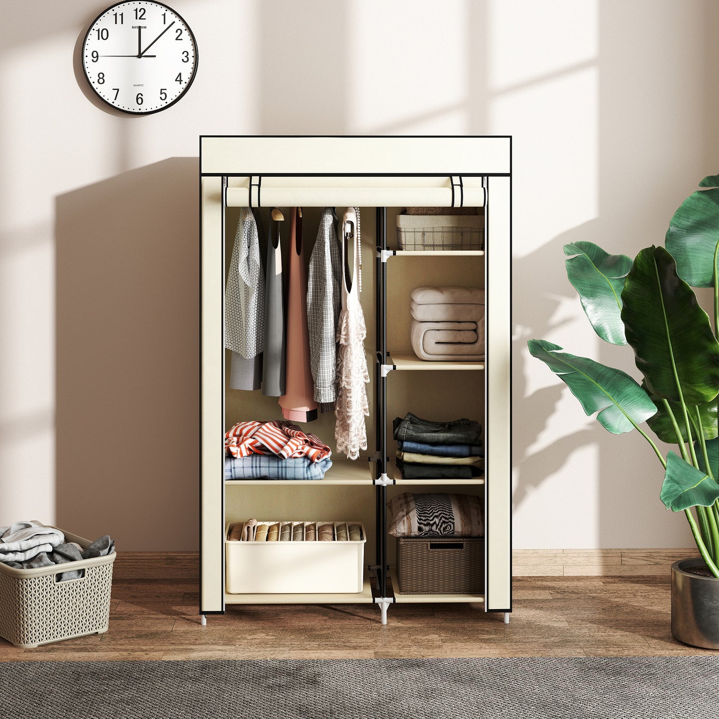 HOMCOM Fabric Wardrobe w/ Shelves Hanging Rail Foldable Wardrobe Cream