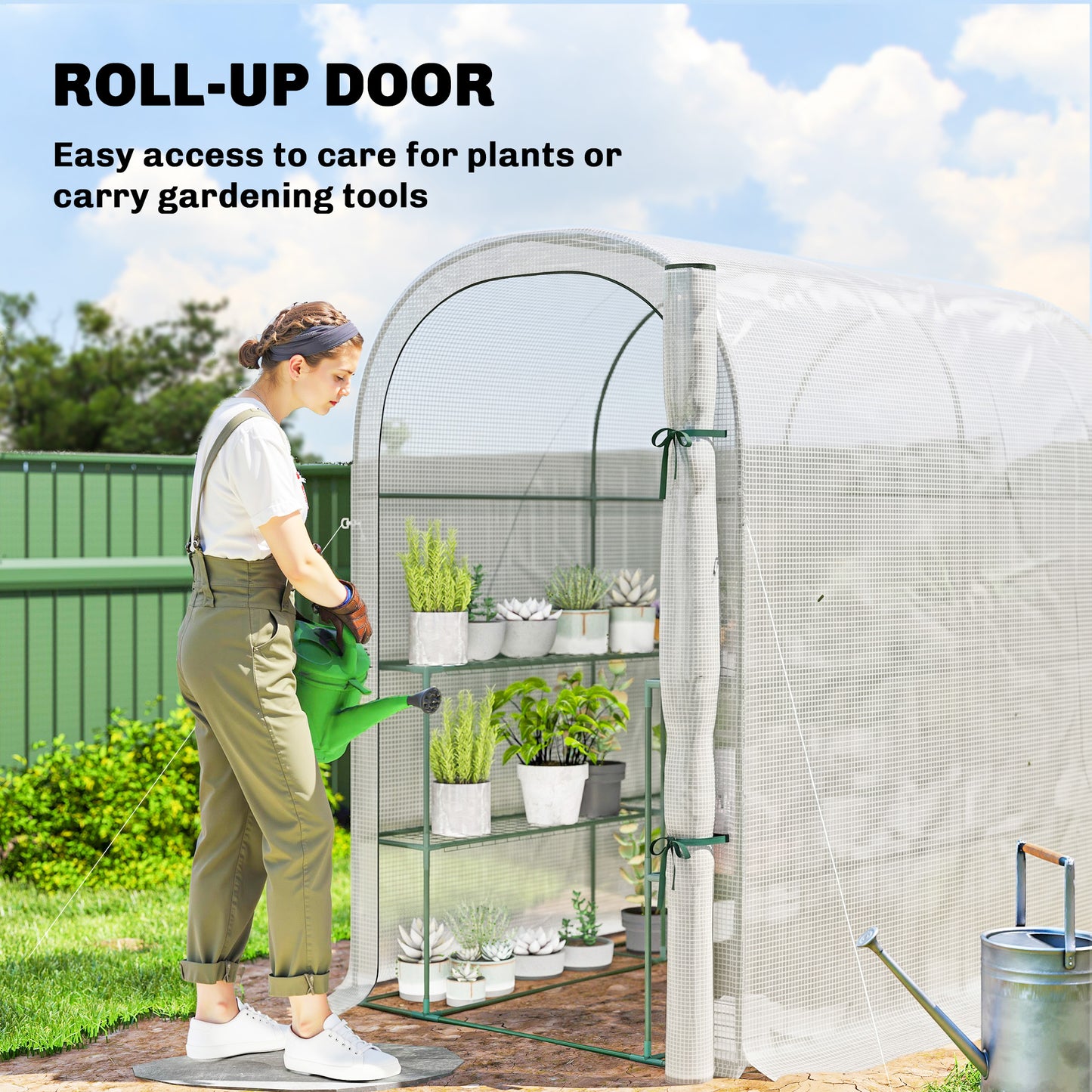 Outsunny Walk-in Greenhouse with Shelves, Small Greenhouse with PE Cover and Roll-up Door, 123 x 187 x 189 cm, White
