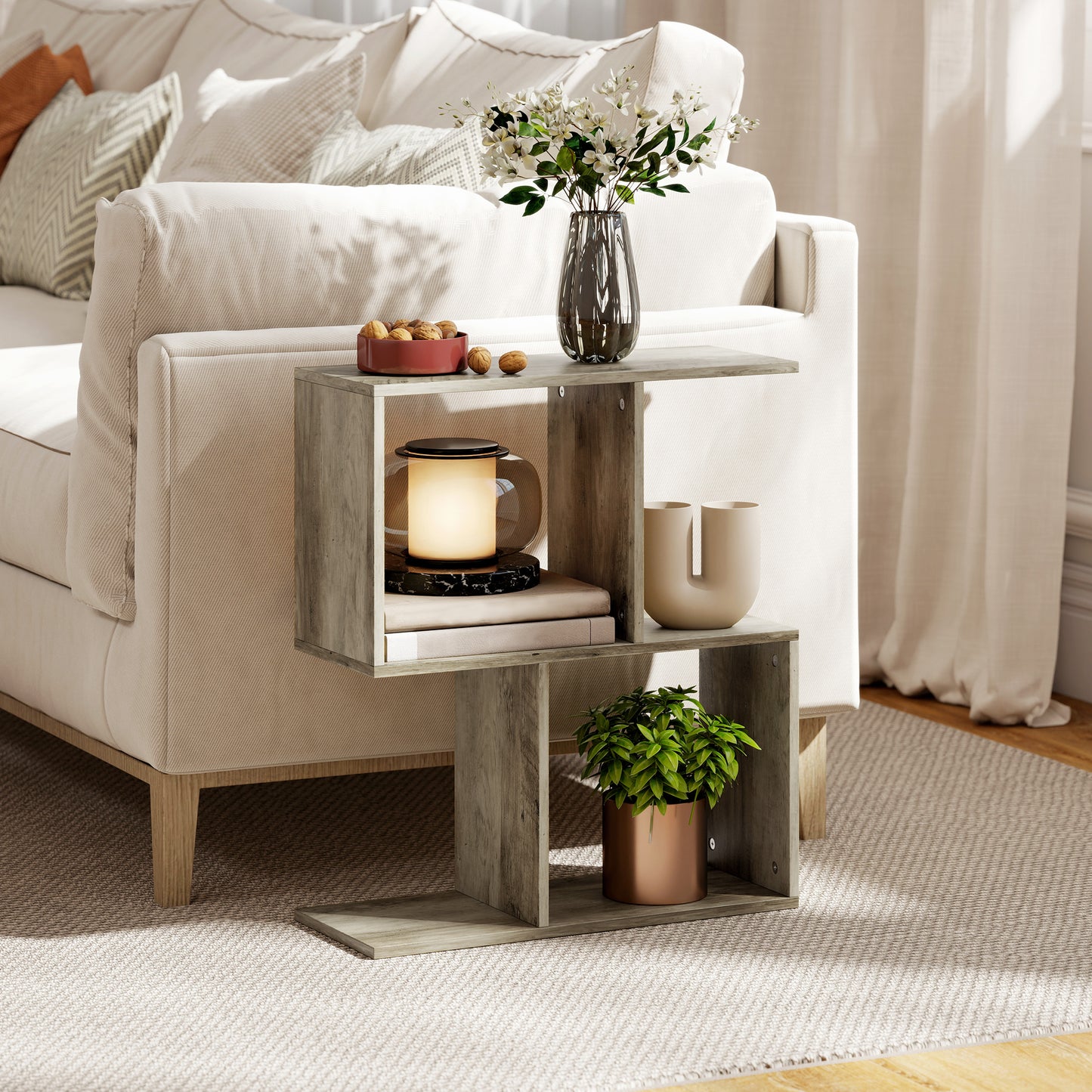 HOMCOM Side Table, Narrow End Table with Storage Shelves, S-Shaped, 3-Tier, 50W x 19.5D x 58H cm, Grey