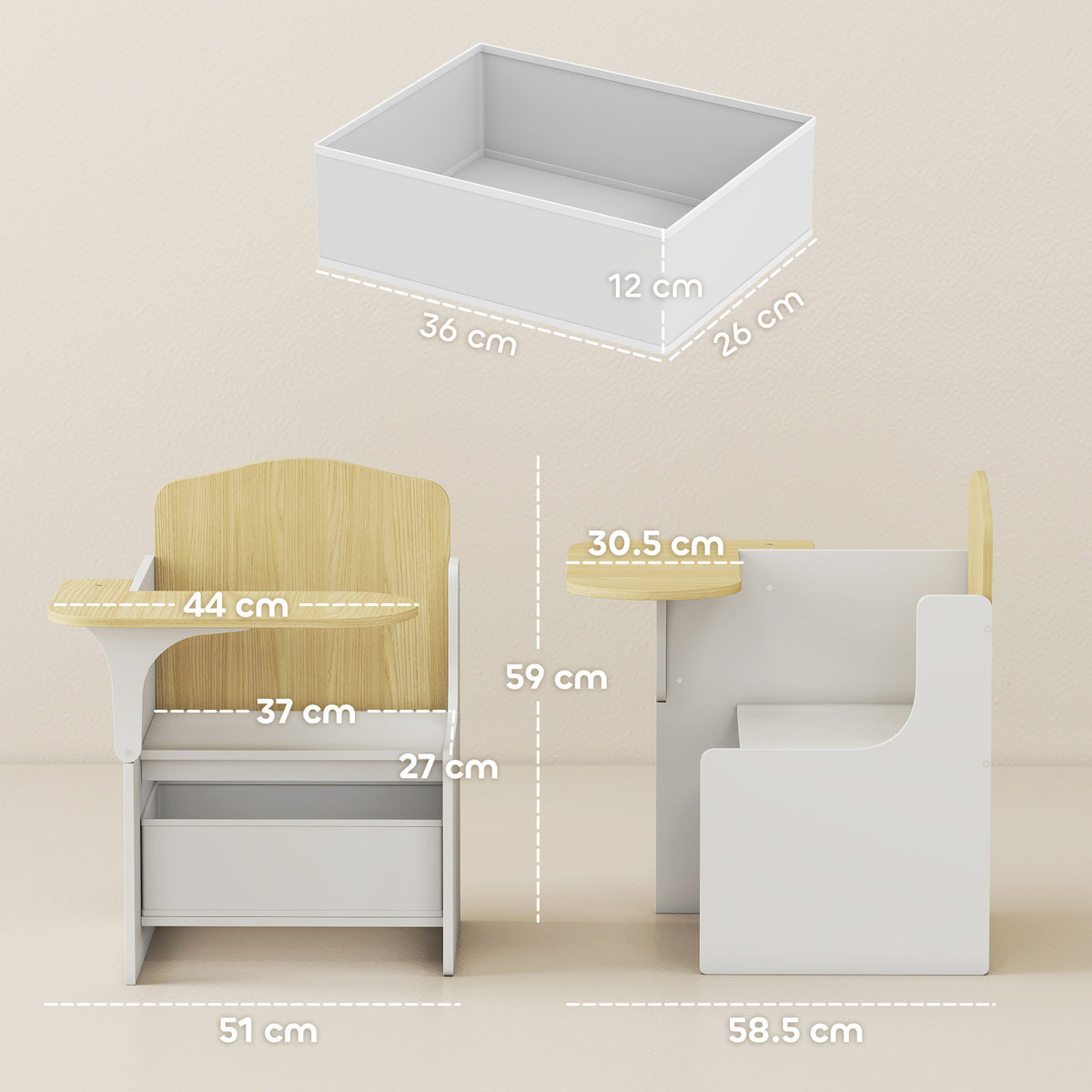 AIYAPLAY Kids Table and Chair Set, Children Desk and Chair with Storage Bins for Playing, Reading, Painting, for Ages 3-5, White
