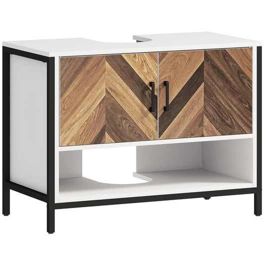 Photo of HOMCOM Under Sink Bathroom Cabinet, Rustic Under Sink Cabinet for Basin with or without Pedestal, Cream White and Walnut in Walnut colour on a white background