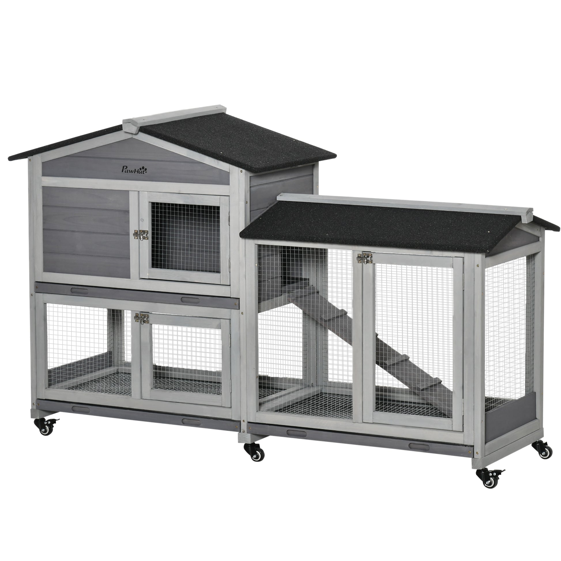 Photo of PawHut Wooden Rabbit Hutch, Guinea Pig Cage, with Wheels, Run, Slide-Out Tray, Ramp in Ramp colour on a white background