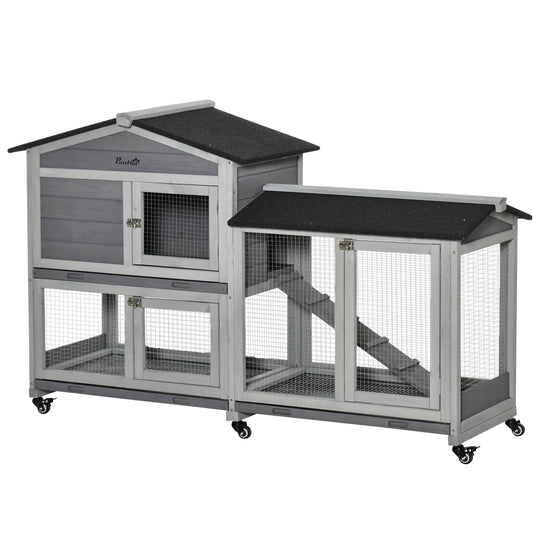 Photo of PawHut Wooden Rabbit Hutch, Guinea Pig Cage, with Wheels, Run, Slide-Out Tray, Ramp in Ramp colour on a white background
