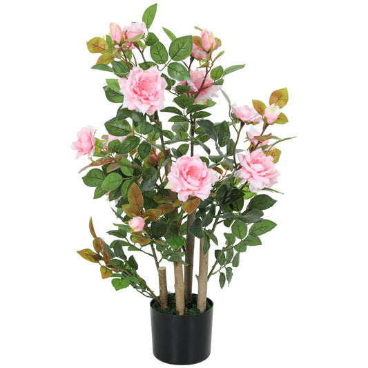 Photo of HOMCOM 90cm Artificial Rose Tree, Decorative Fake Plant with 344 Silk Leaves 17 Flowers for Outdoor Indoor Decor, Pink in Pink colour on a white background