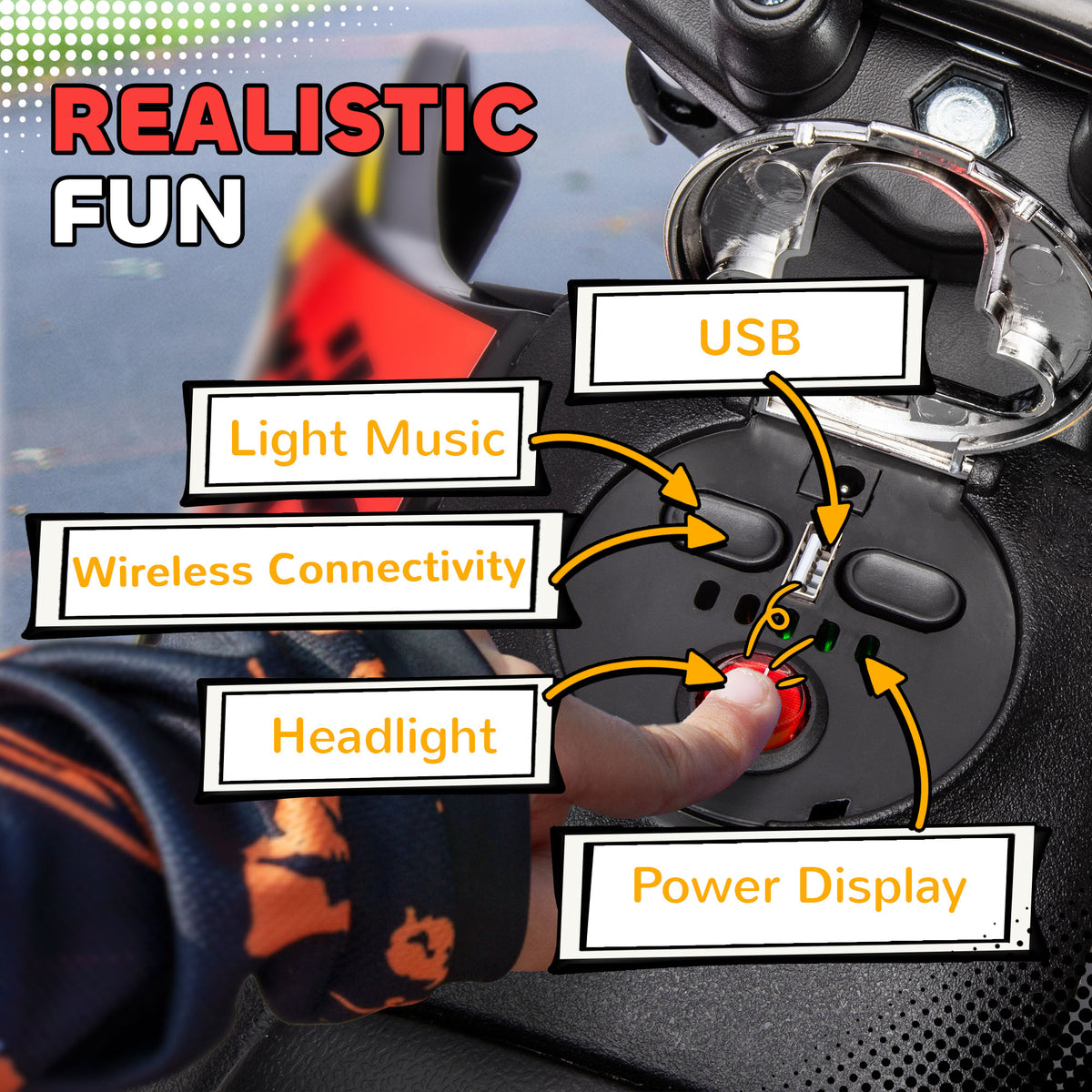 AIYAPLAY Aprilia motorbike handlebar controls with USB port, music, headlight and power display
