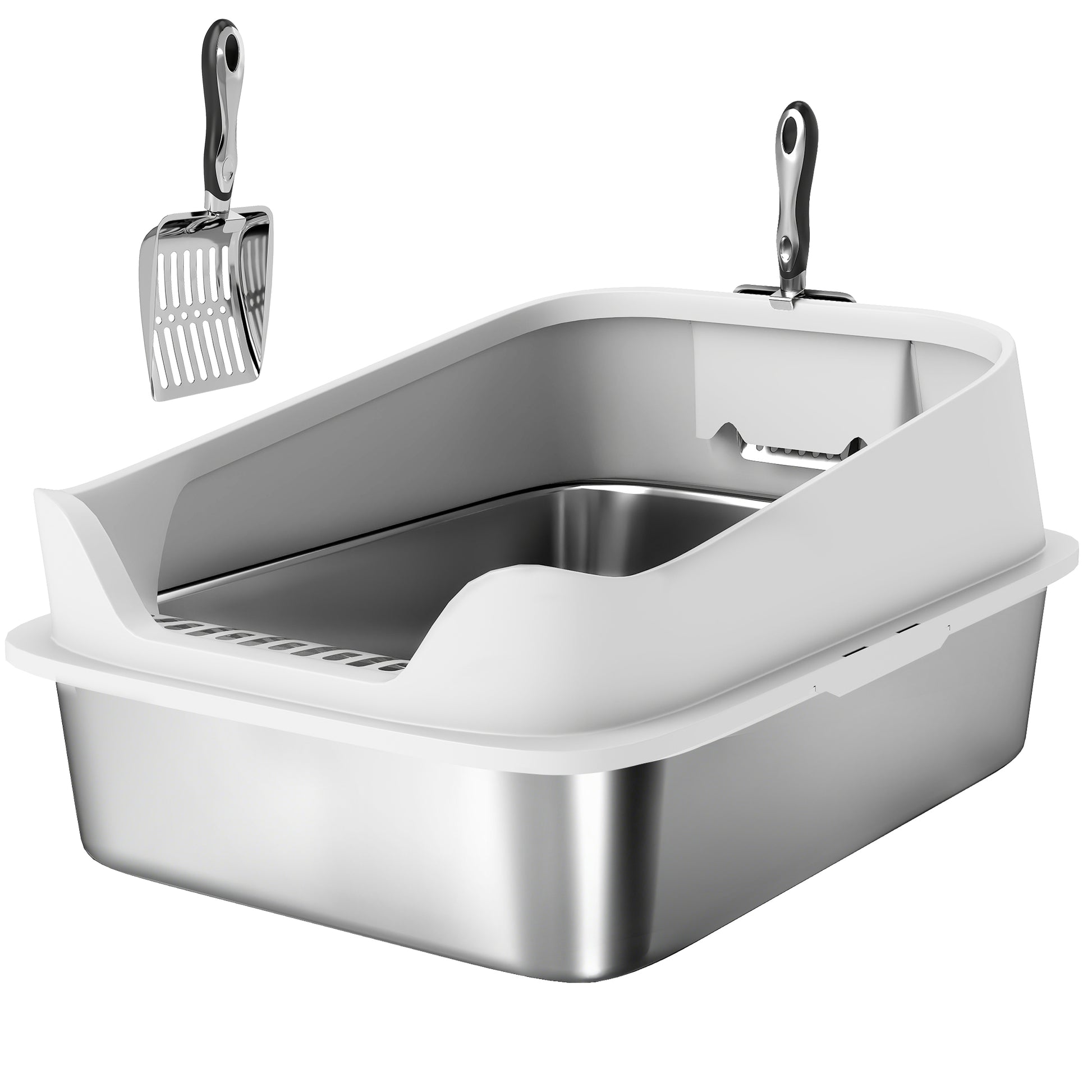 Photo of PawHut XL Stainless Steel Cat Litter Box with High Sides, Metal Scoop, 60 x 40 x 30 cm in cm colour on a white background