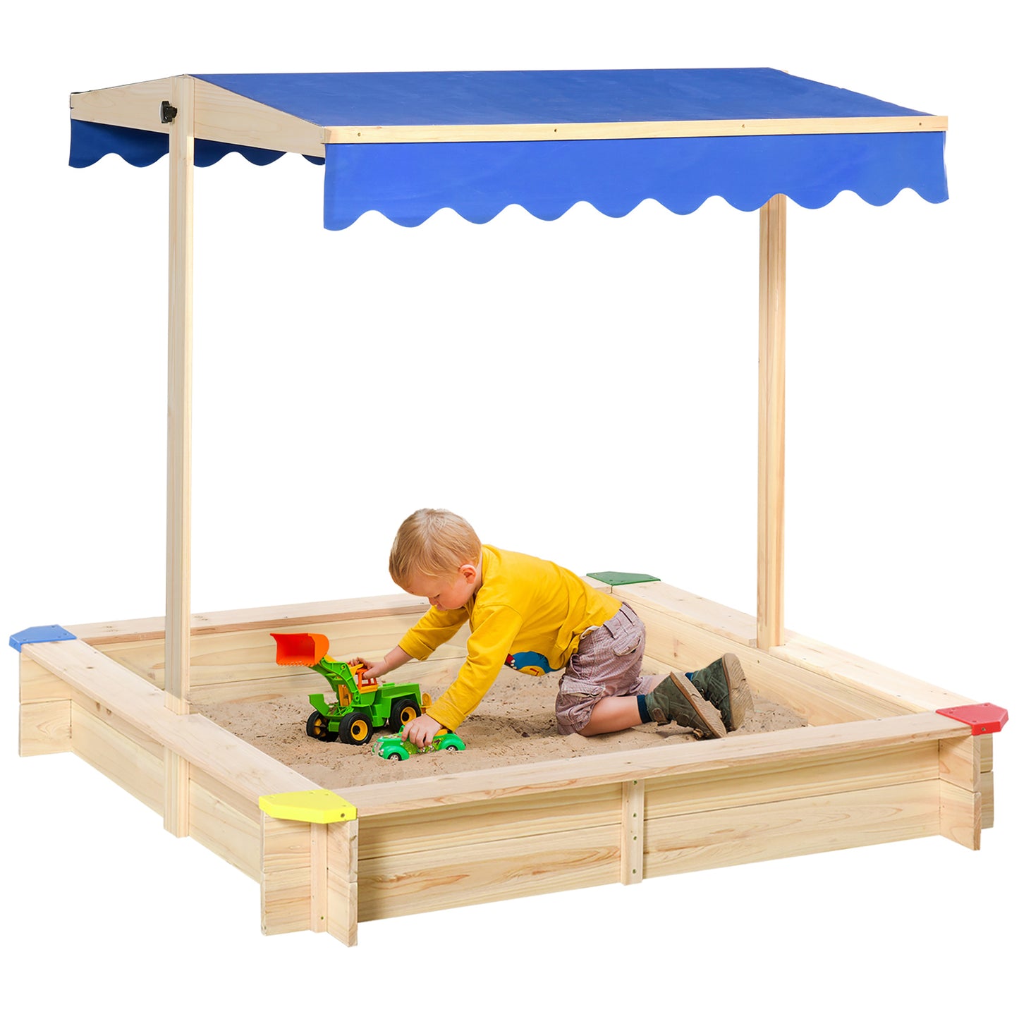 Photo of Outsunny Sandpit, Kids Wooden Sandbox with Adjustable Canopy, Bench Seats & Protective Corners for 3-6 Years Boys Girls, 120x120x120cm in 120x120x120cm colour on a white background