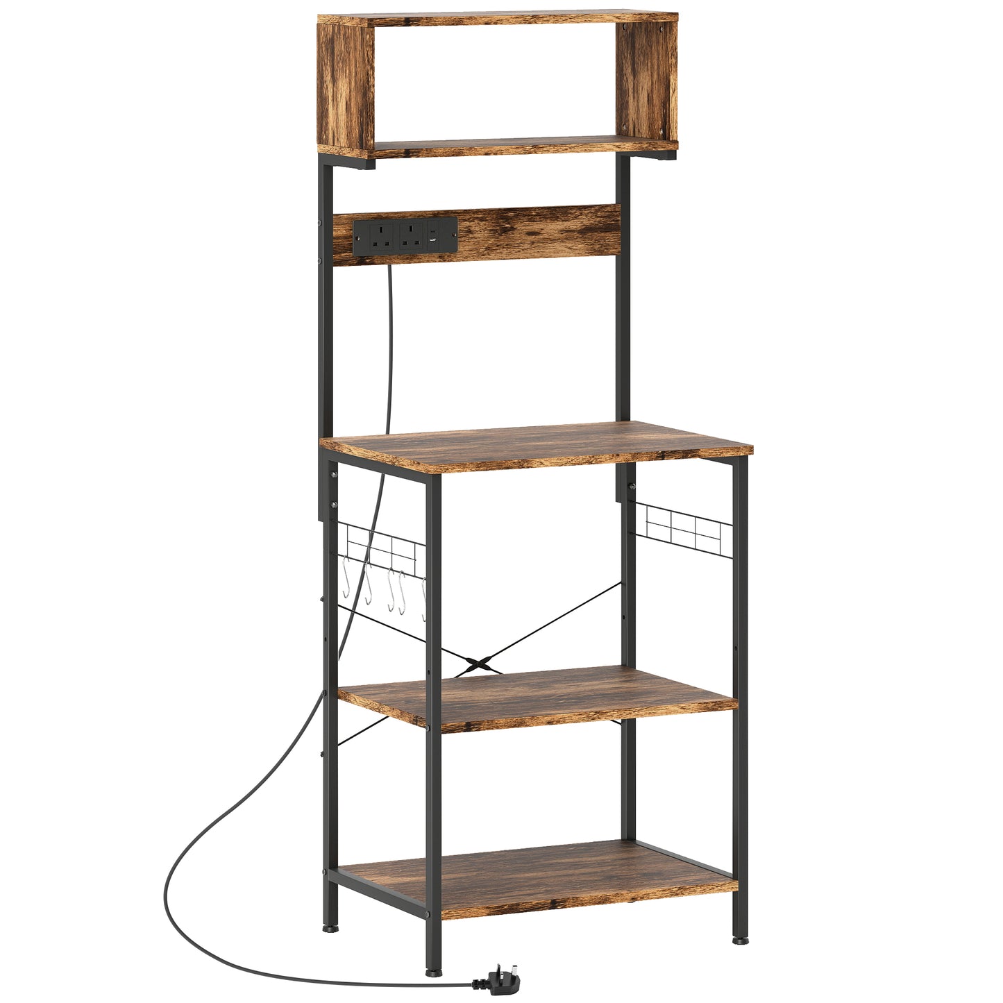 Photo of HOMCOM Kitchen Storage Rack, Bakers Rack with Power Outlet, USB Charger, Rustic Brown in Brown colour on a white background