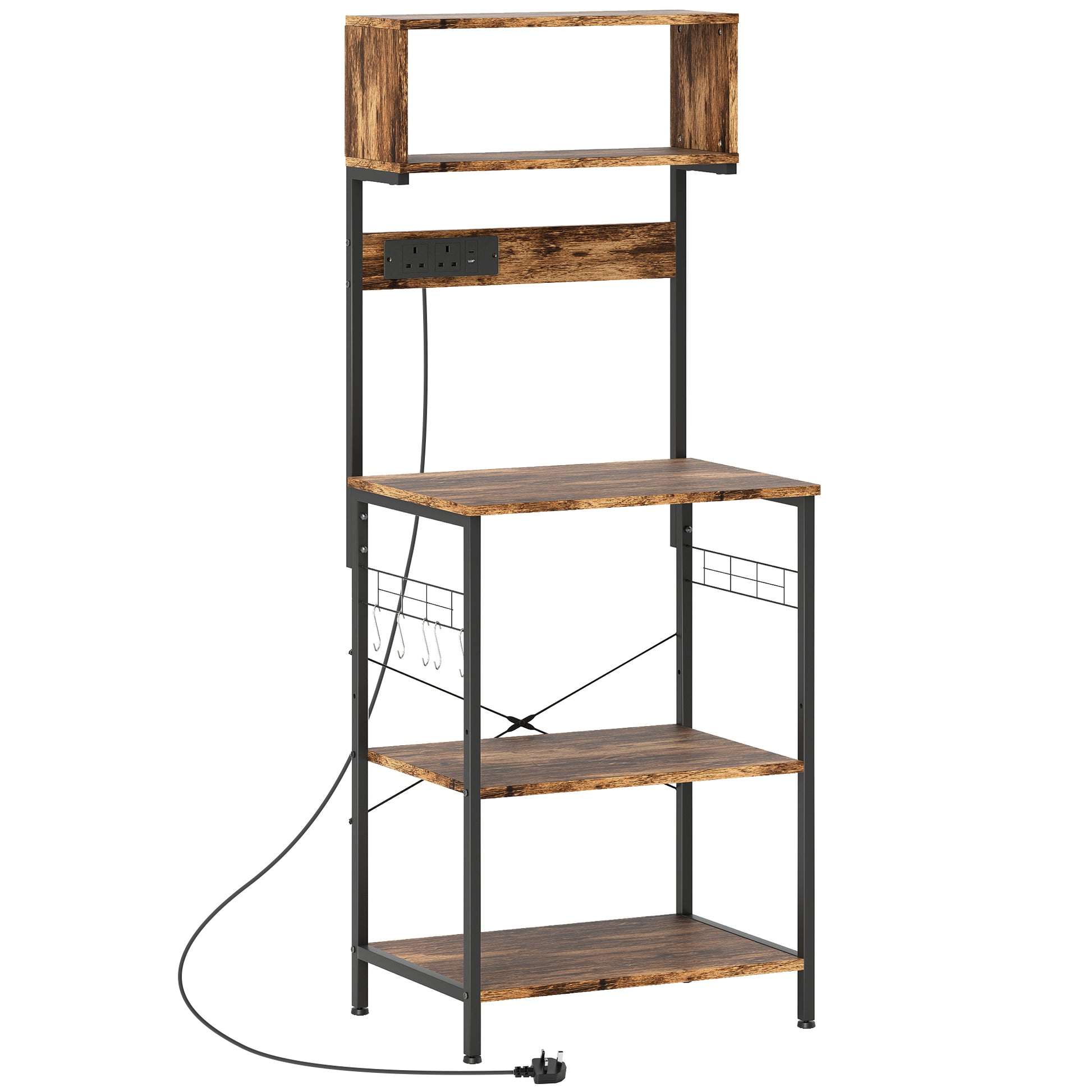 Photo of HOMCOM Kitchen Storage Rack, Bakers Rack with Power Outlet, USB Charger, Rustic Brown in Brown colour on a white background