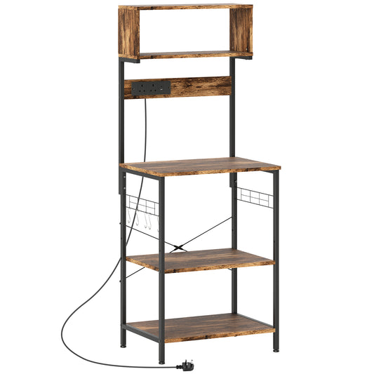 Photo of HOMCOM Kitchen Storage Rack, Bakers Rack with Power Outlet, USB Charger, Rustic Brown in Brown colour on a white background