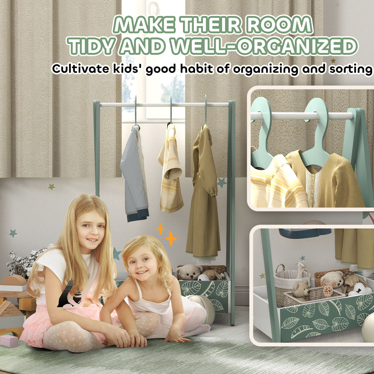 AIYAPLAY Baby Clothing Rack with Hangers, Storage Shelf for Bedroom, Leaf Theme, for Ages 3-6, Green