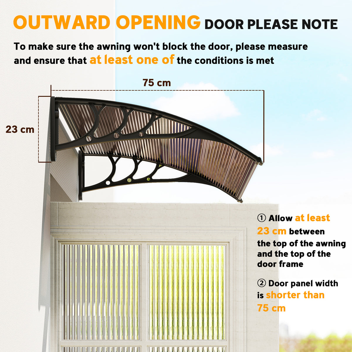 Side view of brown polycarbonate door canopy showing its curved roof and support brackets.