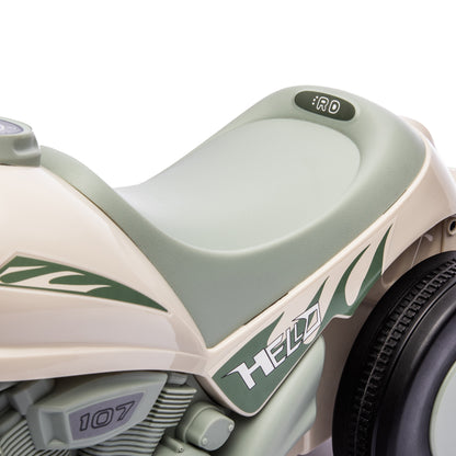 AIYAPLAY ride-on motorcycle close-up of sage seat and cream side panel