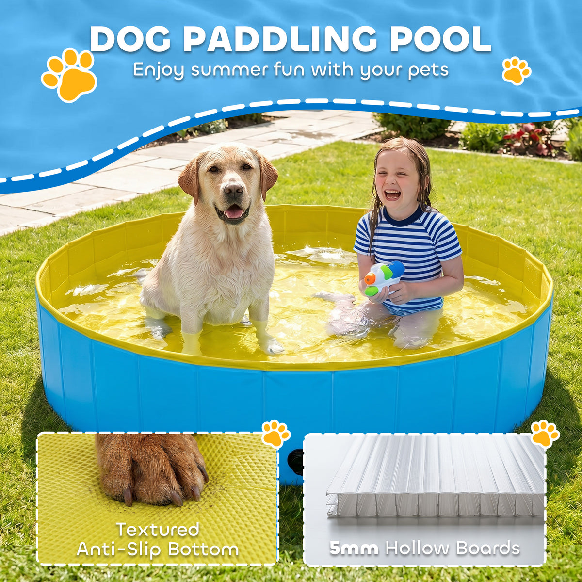 PawHut Foldable Dog Pool for Puppies and Ducks Dog Paddling Pool Bath Tub, Blue, 160 x 30cm