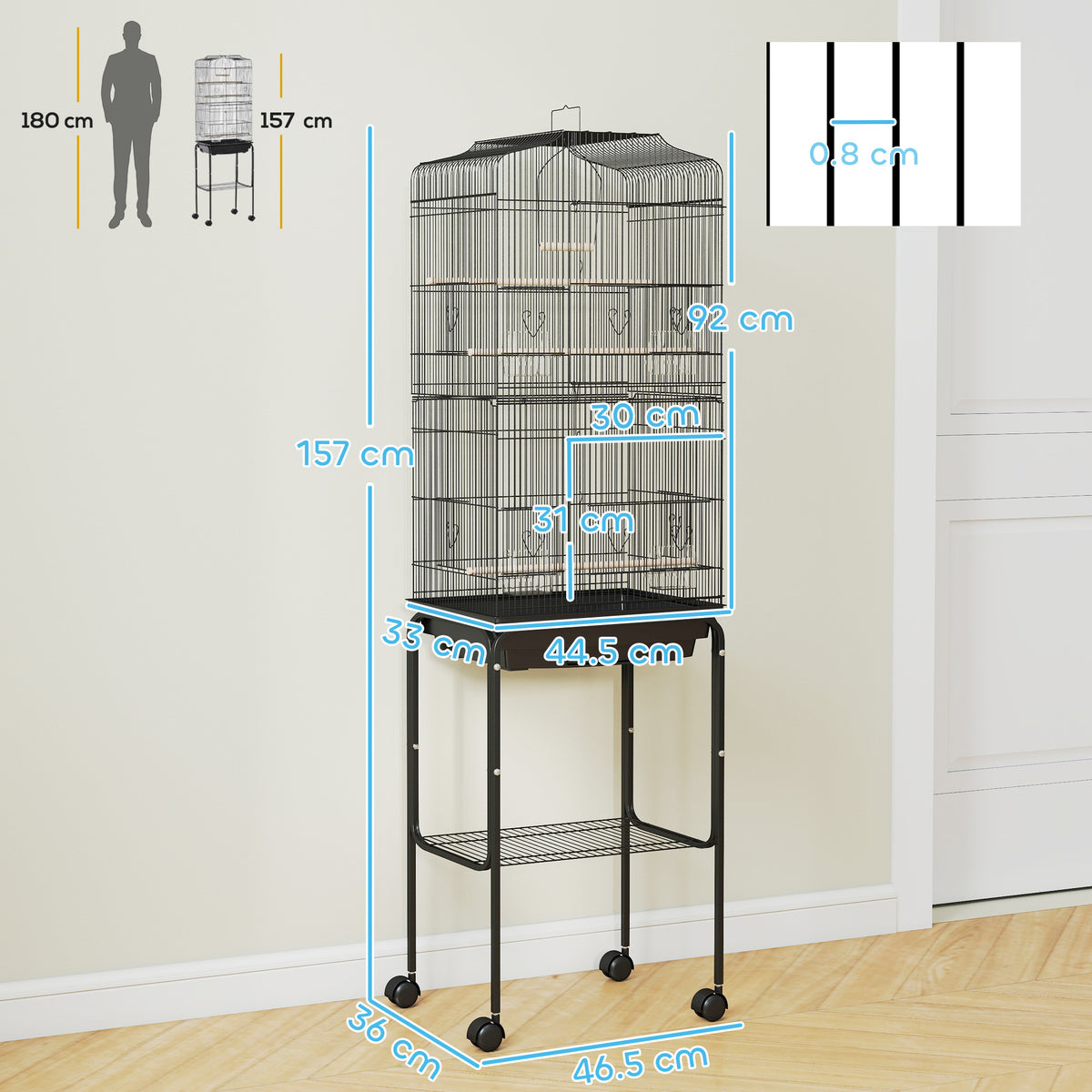 Black bird cage and wheeled stand with dimensions and 8 mm bar spacing