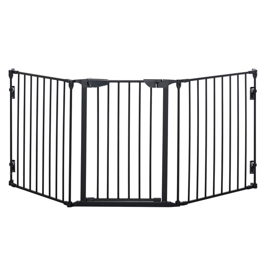 Photo of PawHut Pet Safety Gate, 3 Panels Playpen Fireplace, Foldable Metal Fence, Stair Barrier, Room Divider, Fire Guard w/ Automatic Closing Door, Black in Black colour on a white background