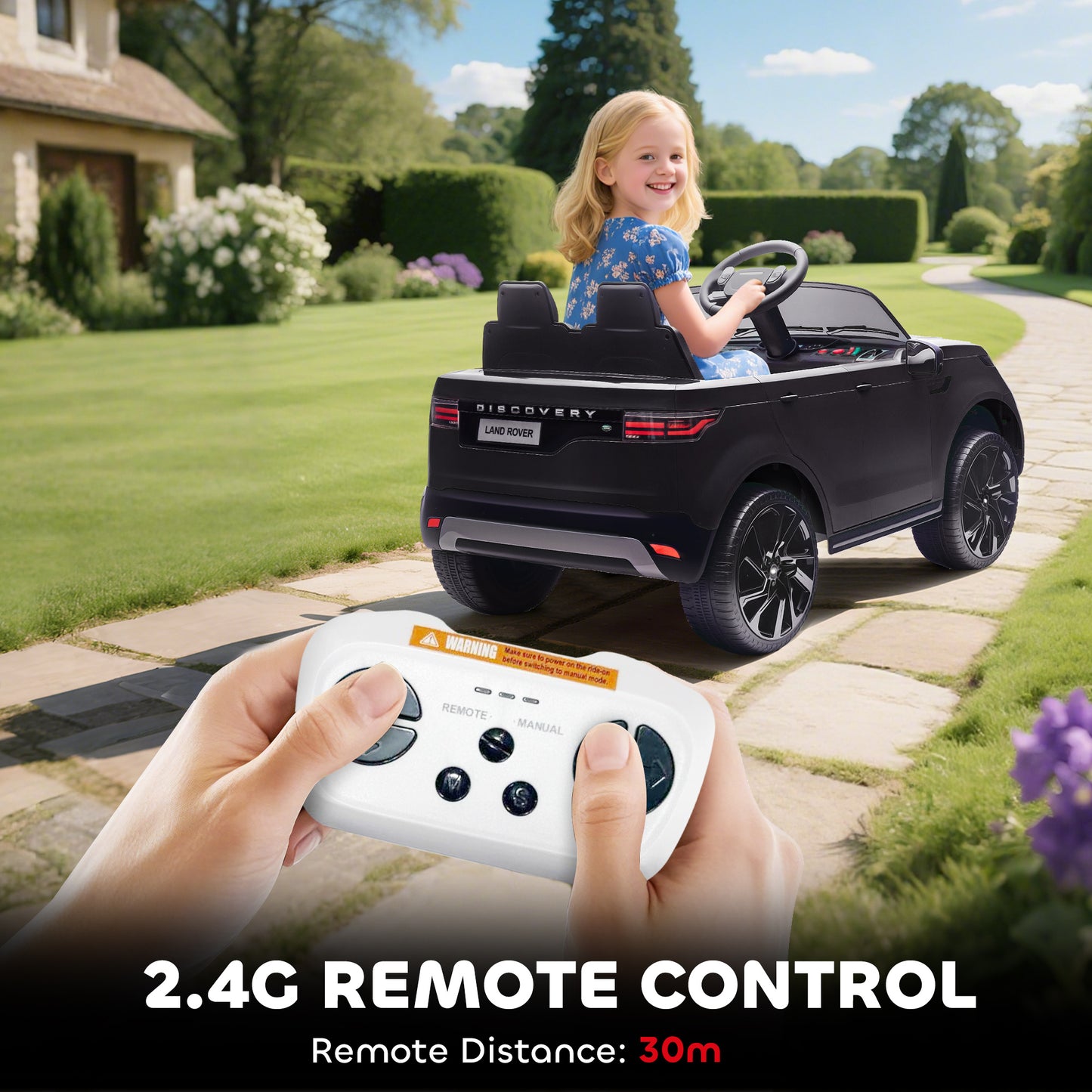 AIYAPLAY Land Rover Discovery Licensed 12V Kids Electric Car with Remote, 4 Wheel Suspension, Slow Start, Lights, Music, Black