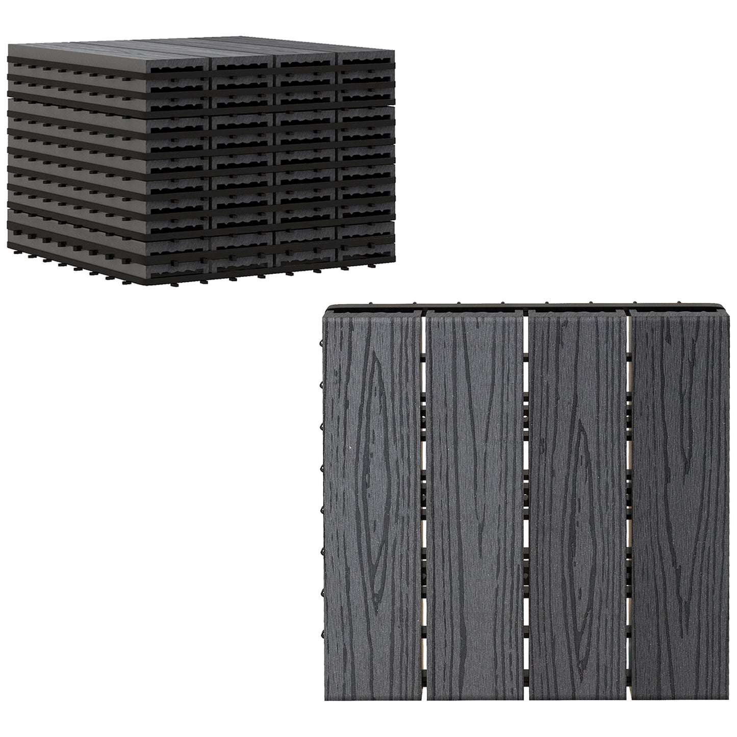 Photo of Outsunny WPC Interlocking Decking Tiles, Pack of 11 Interlocking Patio Paving Slabs, 30 x 30 x 2.2 cm, Grey in Grey colour on a white background