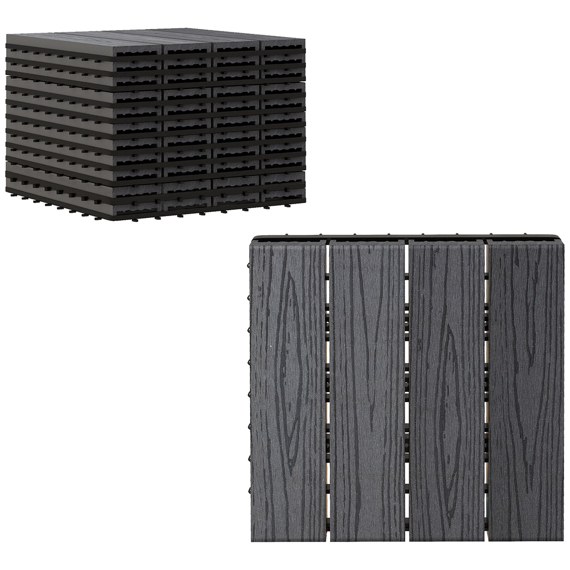 Photo of Outsunny WPC Interlocking Decking Tiles, Pack of 11 Interlocking Patio Paving Slabs, 30 x 30 x 2.2 cm, Grey in Grey colour on a white background
