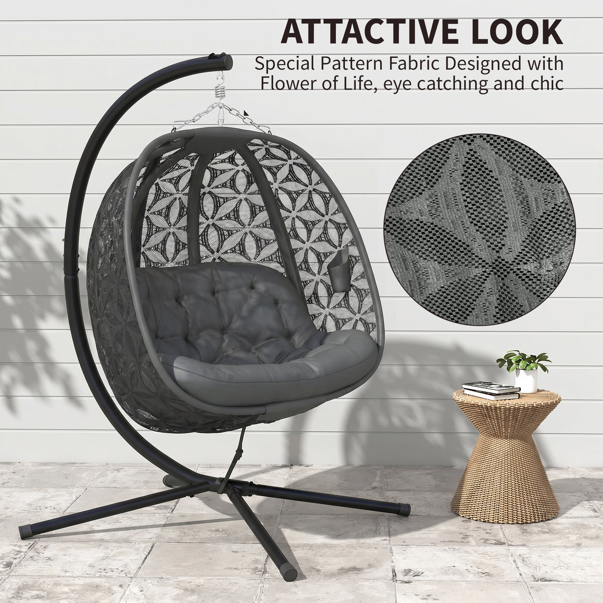 Outsunny hanging chair showing its patterned basket and curved steel stand