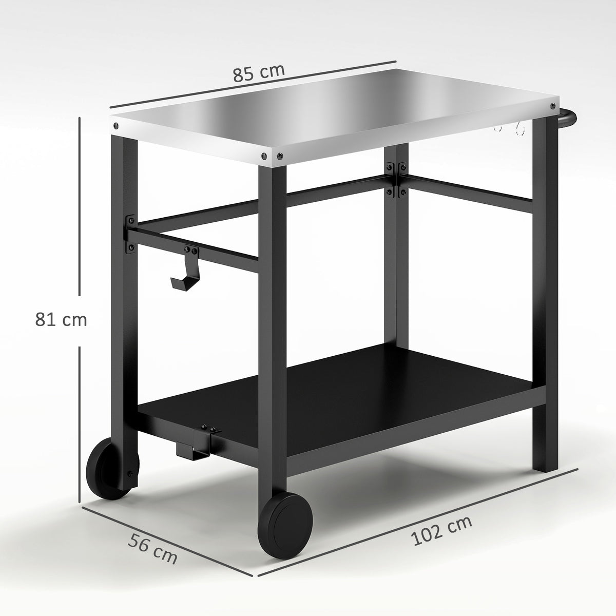 Outsunny grill cart with stainless steel top, two wheels and dimensions of 85 by 56 by 81 cm