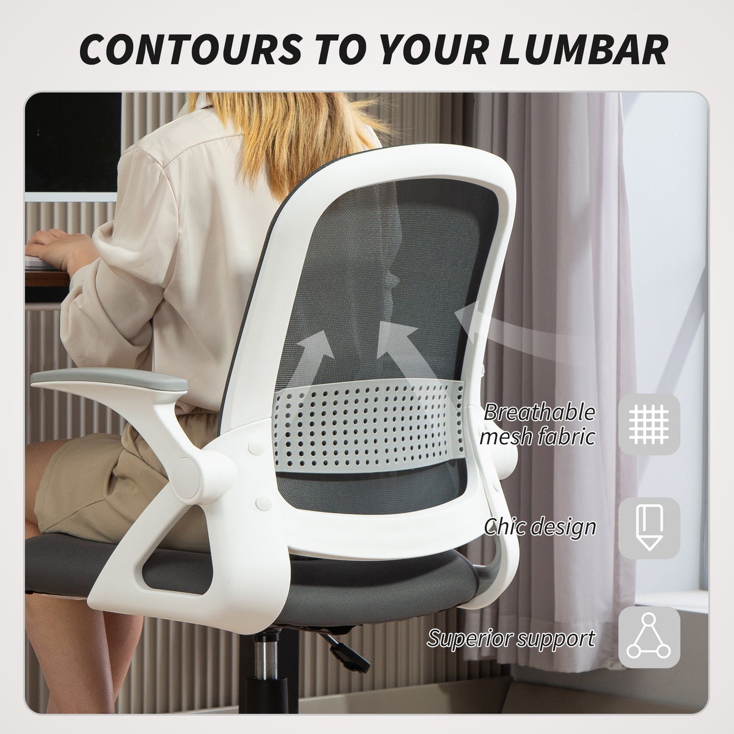 HOMCOM Breathable Mesh Office Chair, Ergonomic Swivel Computer Chair with Flip-up Armrests, Lumbar Back Support for Home/Office, Grey