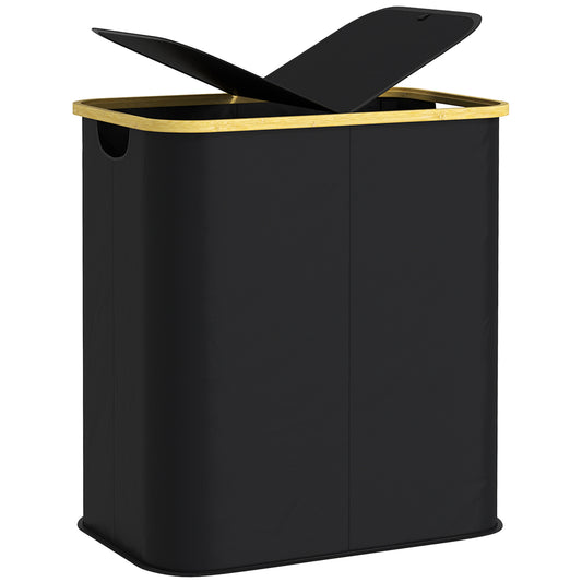 Photo of HOMCOM Double Laundry Basket With Lid, 80L Collapsible Laundry Hamper with Groove Handles, Washing Basket for Bathroom, Bedroom, Laundry Room, Black in Black colour on a white background