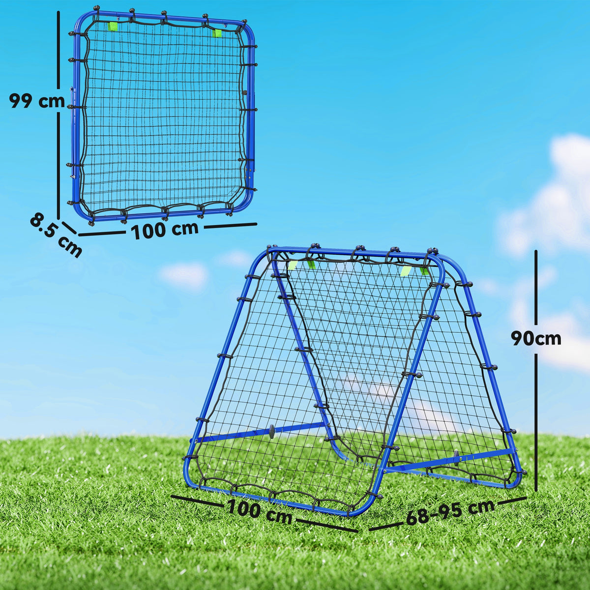 Blue football rebounder shown assembled, with dimensions and a close-up of its net