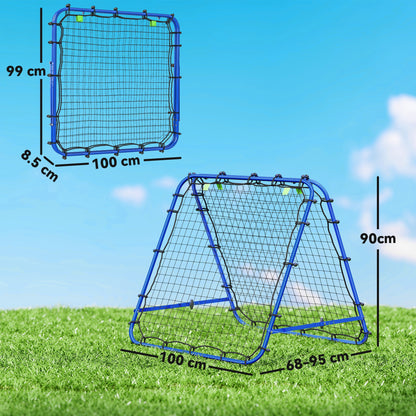 Blue football rebounder shown assembled, with dimensions and a close-up of its net
