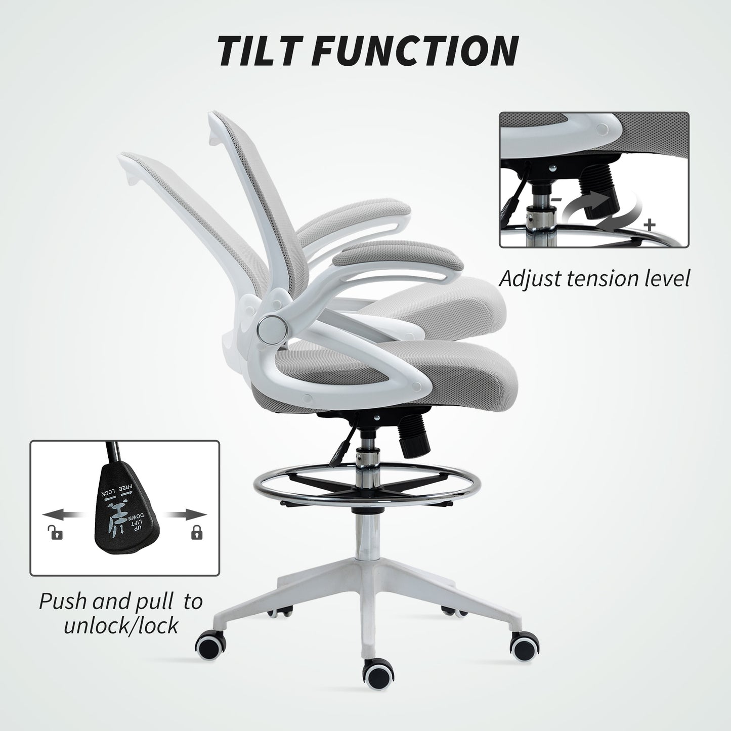 Vinsetto Drafting Chair with Flip-up Armrest, Mesh Office Stool with Foot Ring, 360 Degree Swivel Height Adjustable Chair for Standing Desk, Light Grey