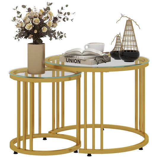 Photo of HOMCOM Round Coffee Tables Set of 2, Nesting Tables with Tempered Glass Top and Steel Frame, 60cmx60cmx47cm, Gold Tone in Tone colour on a white background