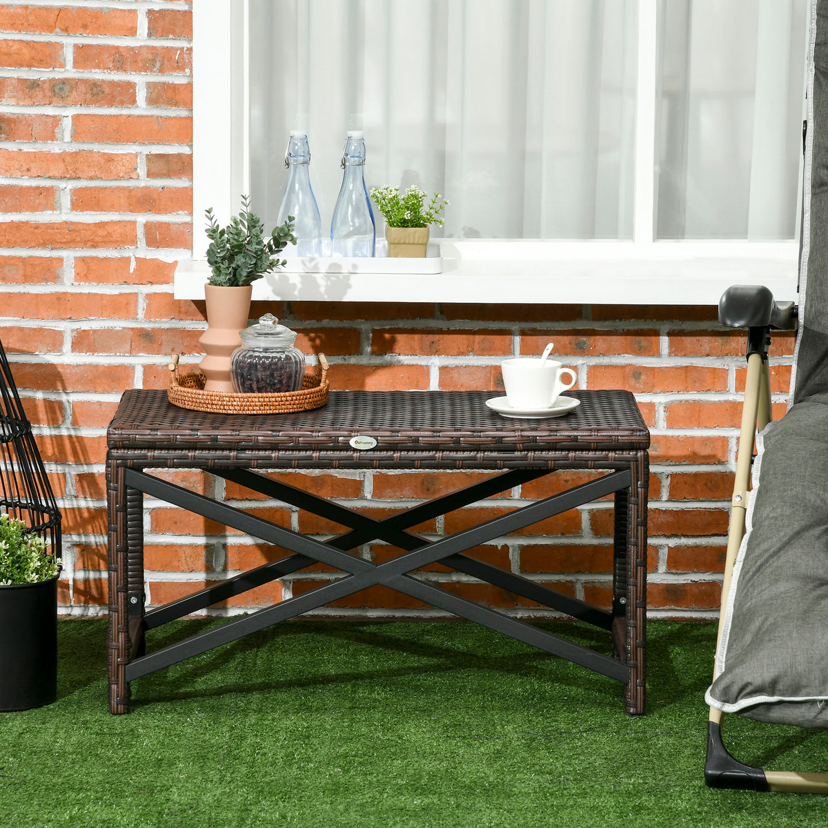Outsunny Outdoor Coffee Table Side Table with X-Shape Frame for Patio, Balcony, Mixed Brown