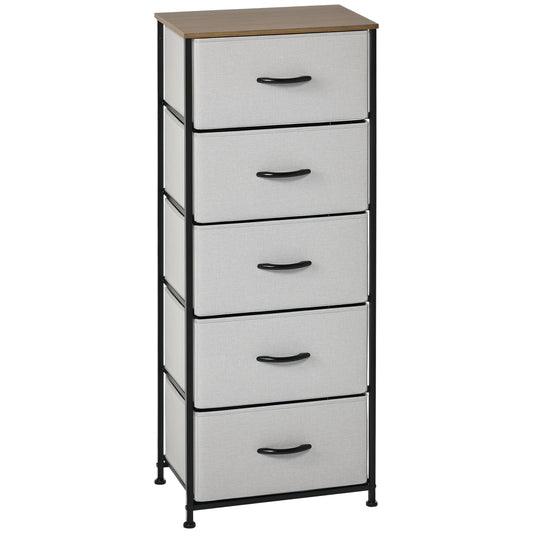 Gray five-drawer fabric chest with a black steel frame and wood top