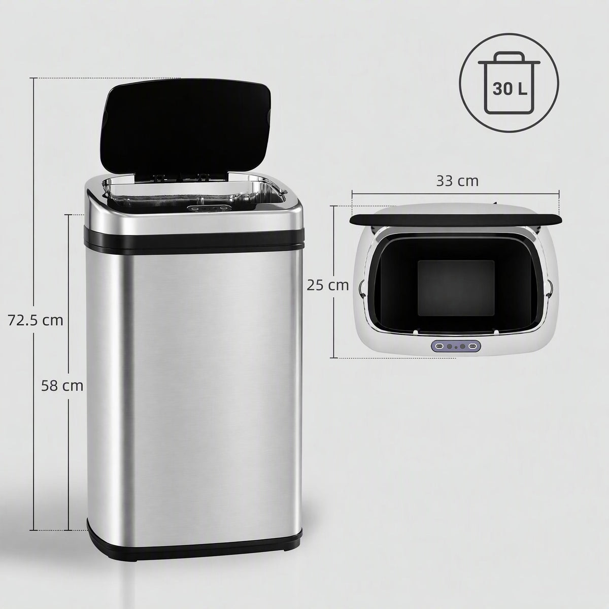 30L stainless steel bin shown open with dimensions and top view