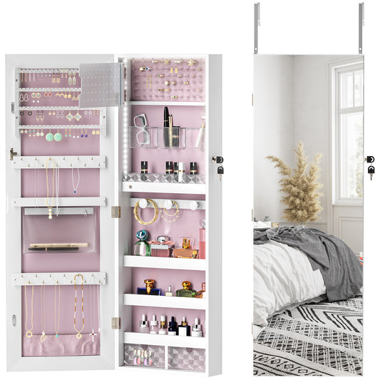 Photo of HOMCOM 108 x 37cm Lockable Jewellery Cabinet, with LED Lights - White Surface and Pink Lining in Lining colour on a white background