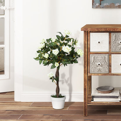 Outsunny faux white rose tree with a leafy crown and white planter