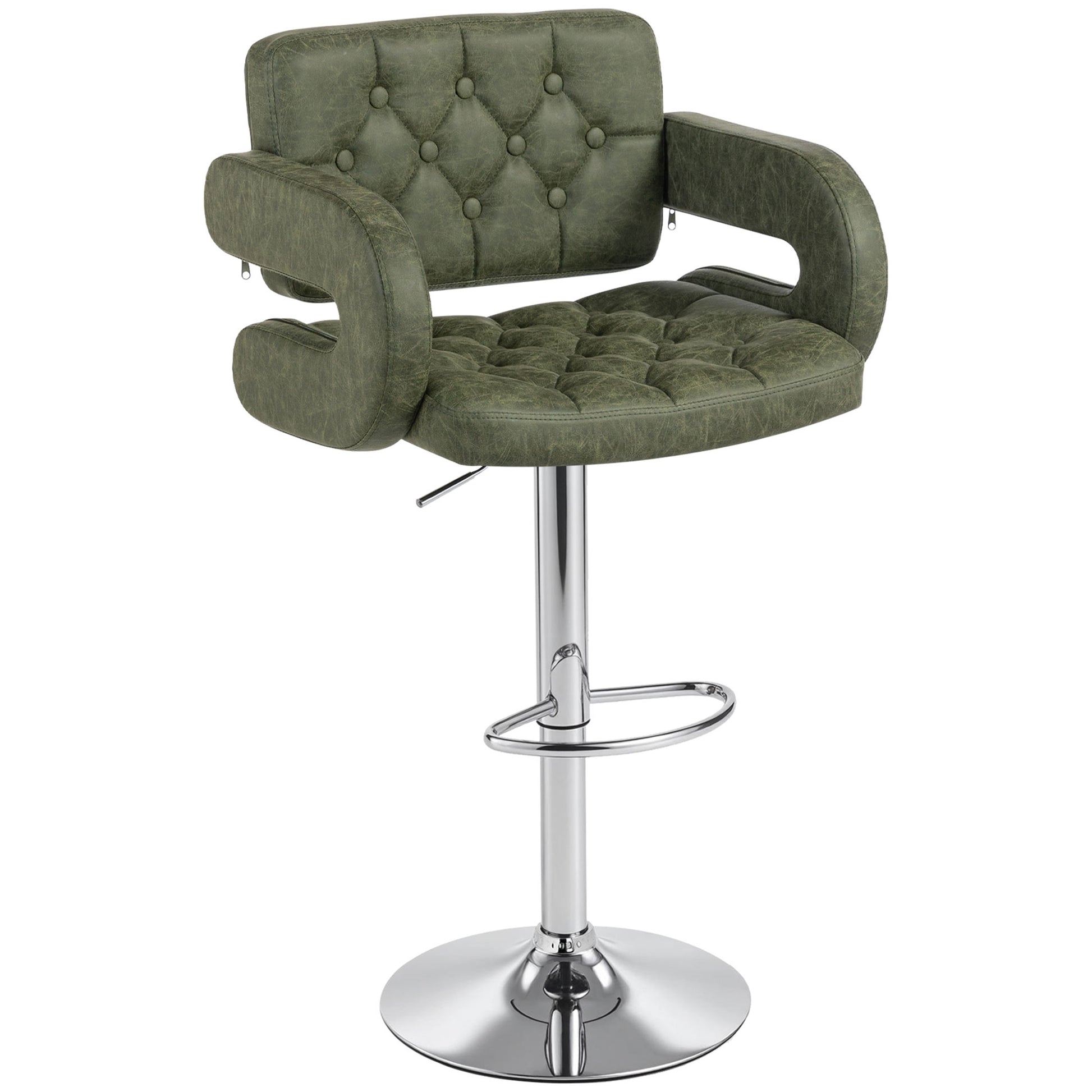 Photo of HOMCOM PU Leather Upholstered Swivel Bar Stool, Height Adjustable with Back, Armrest, Footrest, Green in Green colour on a white background