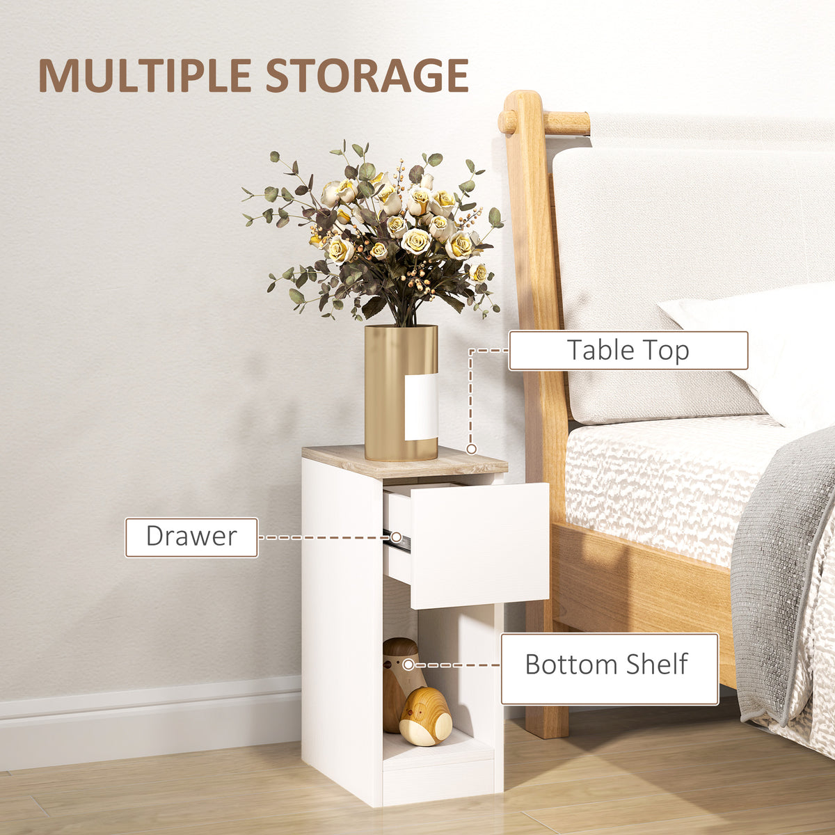 Cream white bedside table with wood-look top, open drawer and lower storage shelf