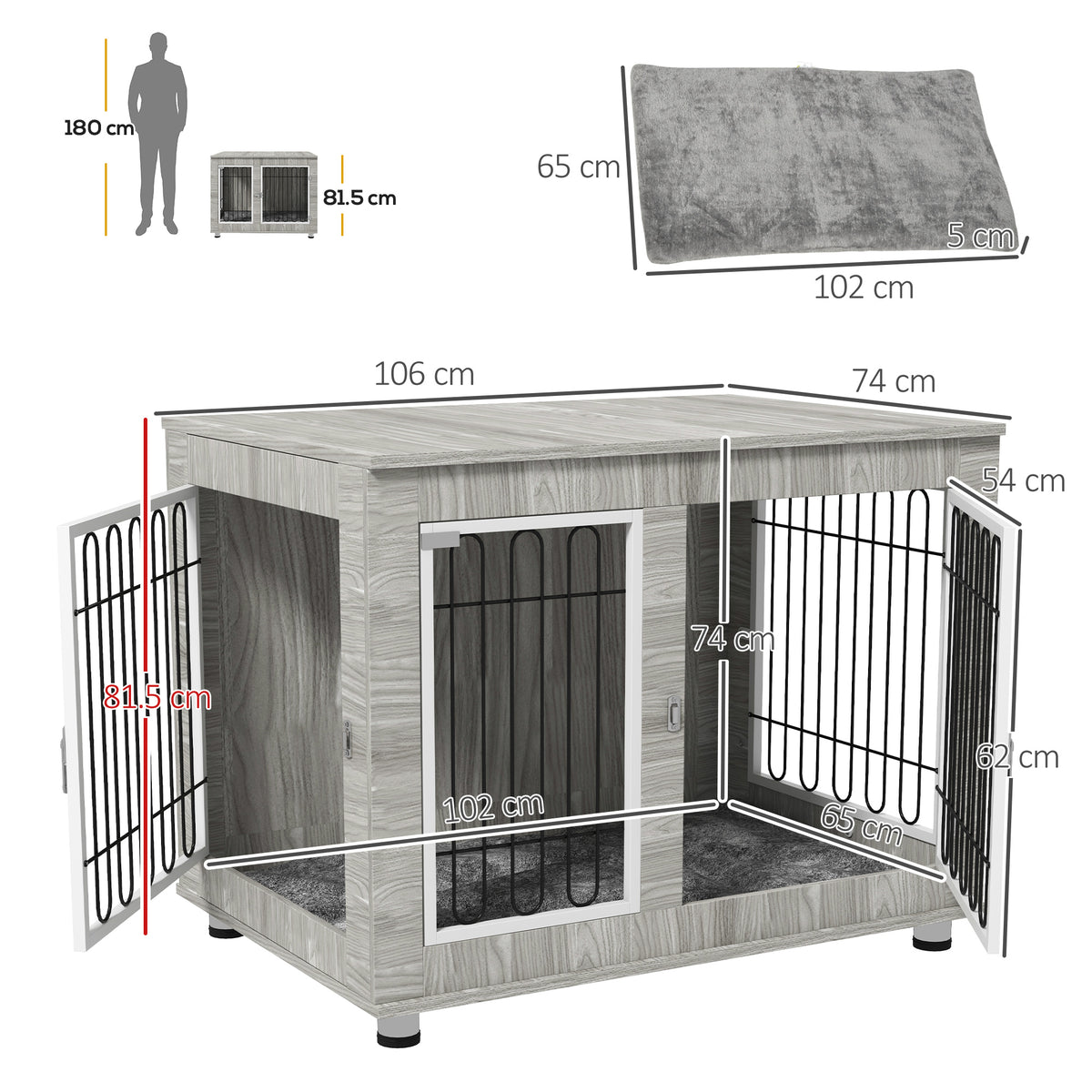 PawHut Dog Crate Furniture, Dog Cage End Table. with Soft Cushion, Double Door, for Large Dogs, Grey