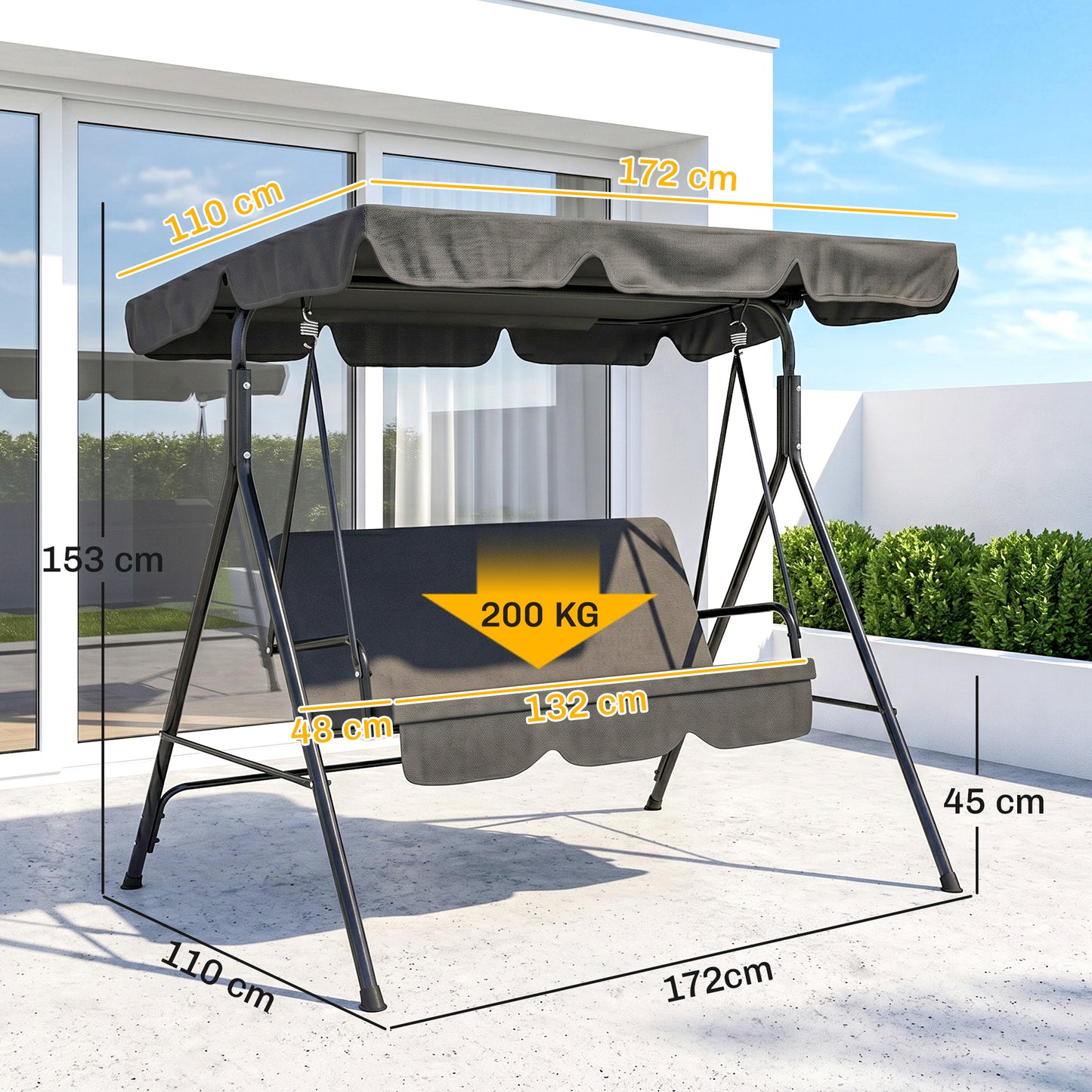 Outsunny Three-Seater Garden Swing Chair, with Adjustable Canopy - Black
