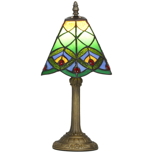 Photo of HOMCOM Tiffany-Style Table Lamp with Geometric Patterns, Handcrafted Antique Stained Glass Bedside Lamp for Living Room and Bedroom, E27 Socket, Green in Green colour on a white background