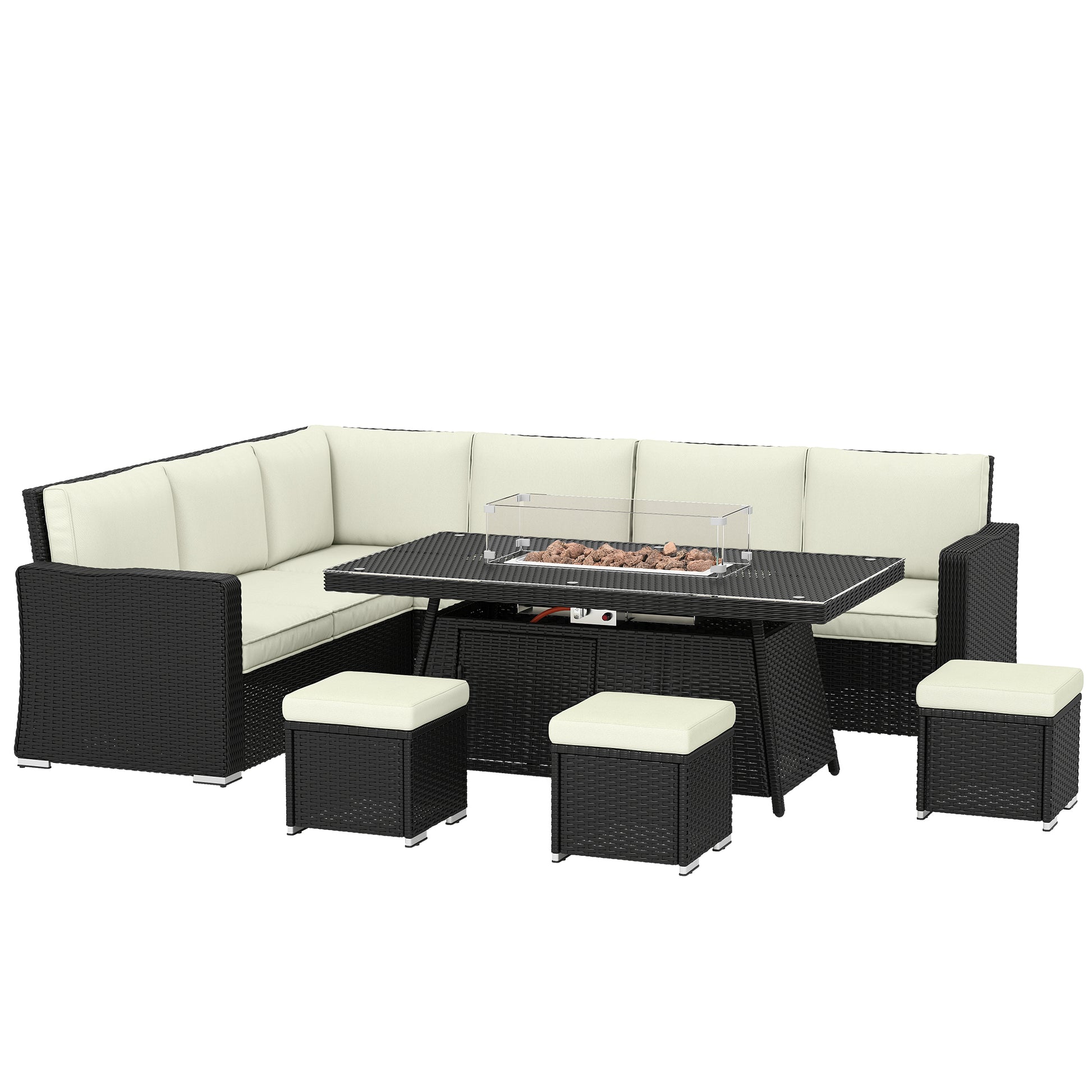 Photo of Outsunny 7 Pieces PE Rattan Garden Furniture Set, 50,000 BTU Gas Fire Pit Table, Double Corner Sofa and 3 Footstools in Footstools colour on a white background