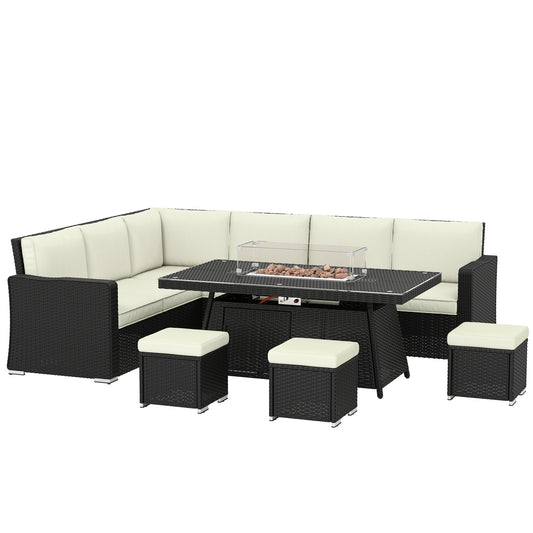 Photo of Outsunny 7 Pieces PE Rattan Garden Furniture Set, 50,000 BTU Gas Fire Pit Table, Double Corner Sofa and 3 Footstools in Footstools colour on a white background